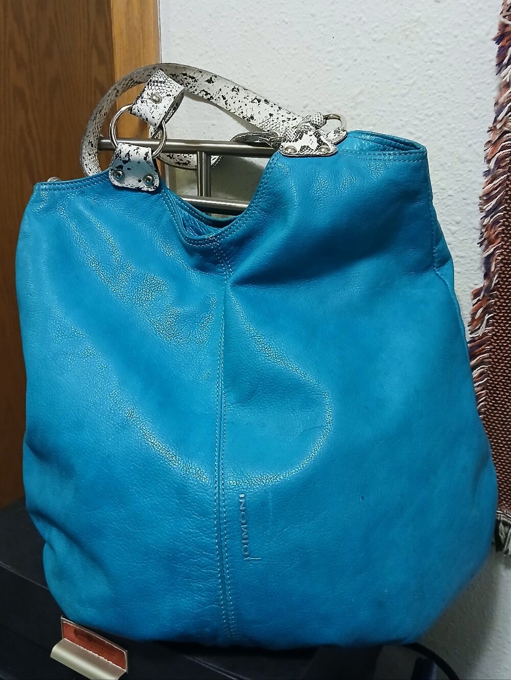 DIMONI Genuine Leather Hobo Bag-Made in Spain- Bright Blue with Snakeskin Detail
